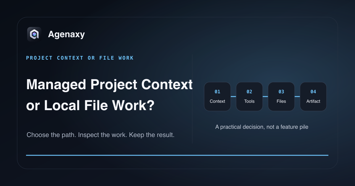 Agenaxy's local file workbench is compared with ChatGPT Projects' managed chats, files, instructions, memory, sharing, and tools.