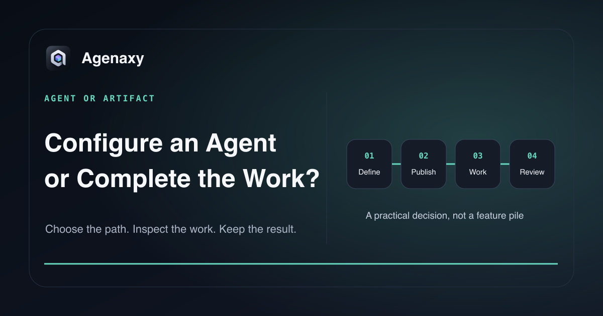 An agent builder configures a reusable system while an agent workbench completes a file-based assignment.