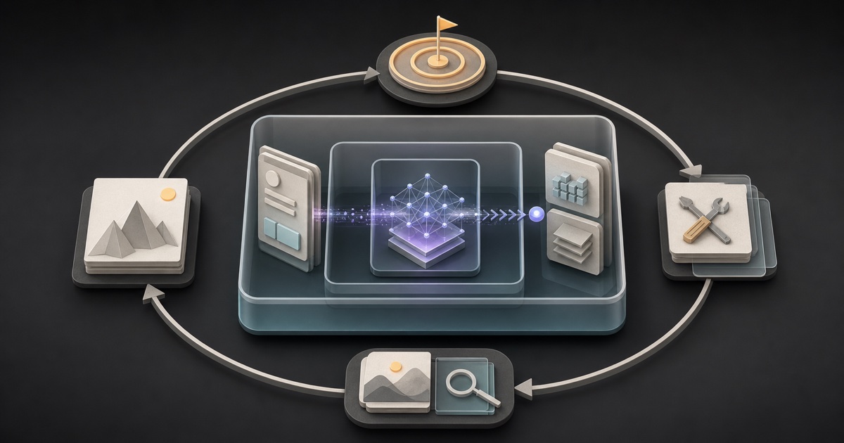 A model core nested inside an application shell and a goal-directed agent loop with tools, state, and an artifact.