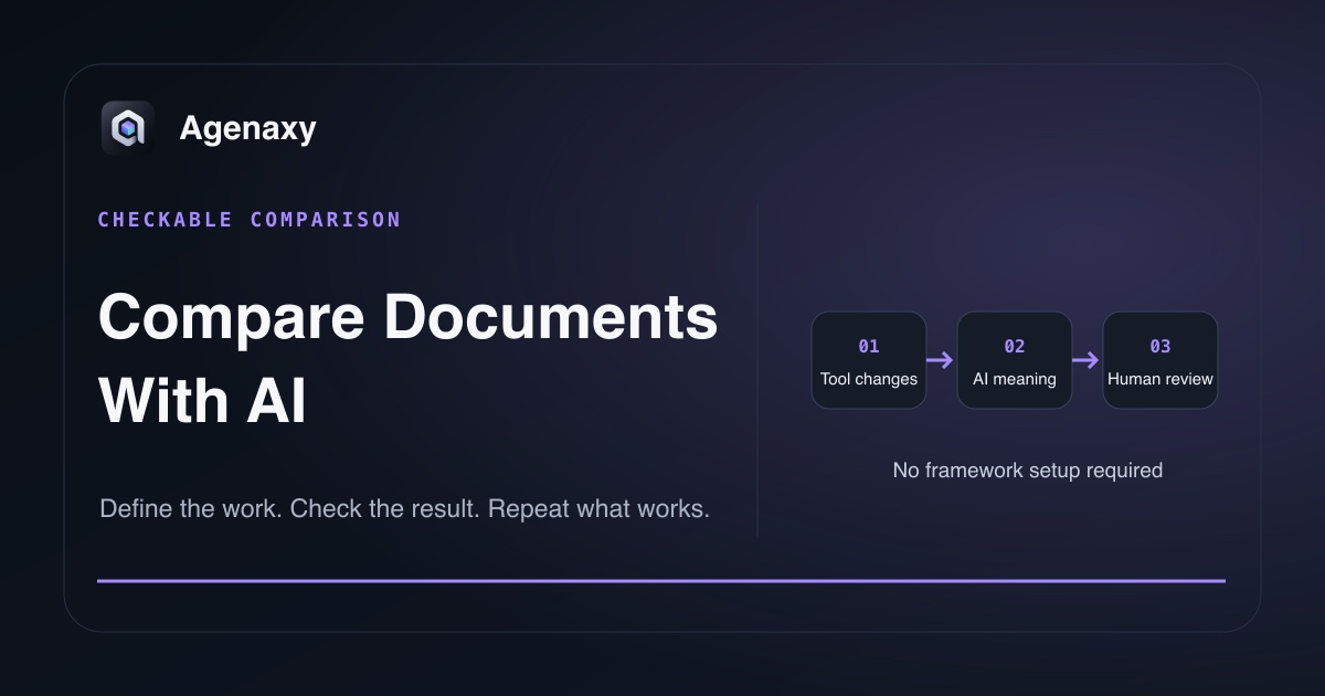 A document comparison keeps tool-reported changes, AI explanation, and human review as separate layers.