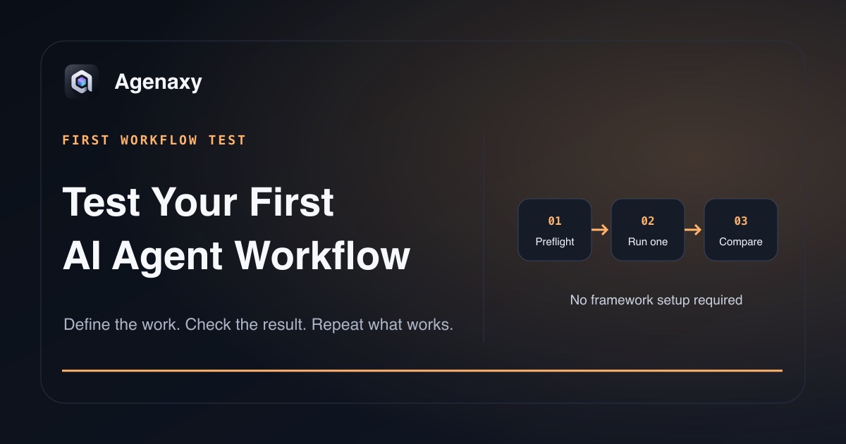 A three-part first-agent run record labeled Preflight, Run one, and Compare.