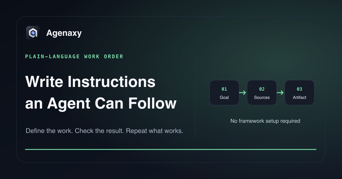 A concise AI agent work order organized into Goal, Sources, and Artifact.