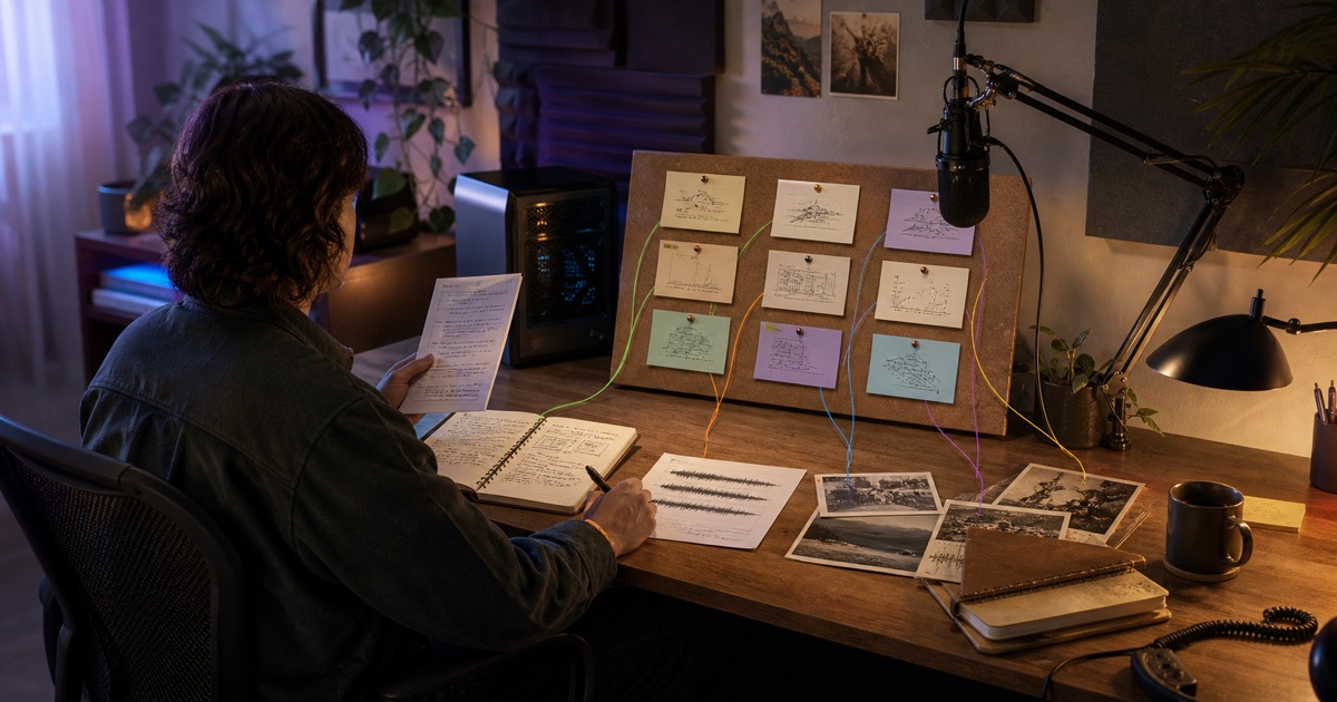 A creator at a desk connects handwritten notes, audio transcripts, and reference images on an idea board beside a local workstation.