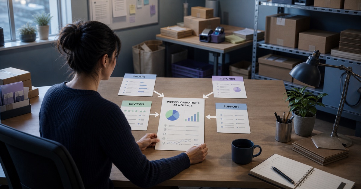 An e-commerce operator combines order, refund, review, and support exports into a weekly operations brief on a local workstation.
