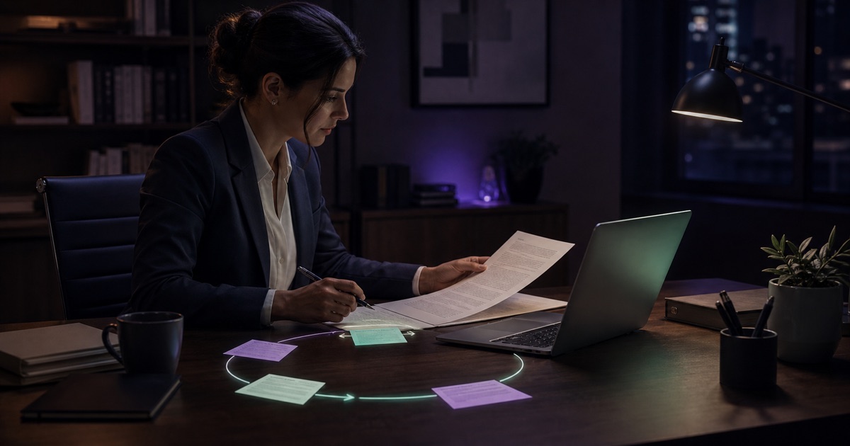 A lawyer reviews a confidential contract beside a source-linked clause artifact on a private local workstation.