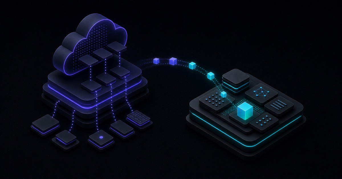 A dark split composition contrasting data pulled into a remote cloud with models brought to a grounded local workbench.