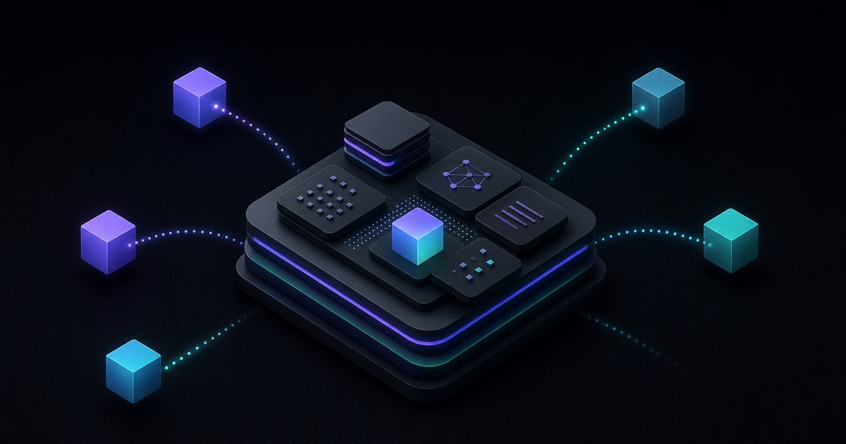 A dark local AI workbench with files, rules, history, and artifacts arranged around a replaceable model cube.