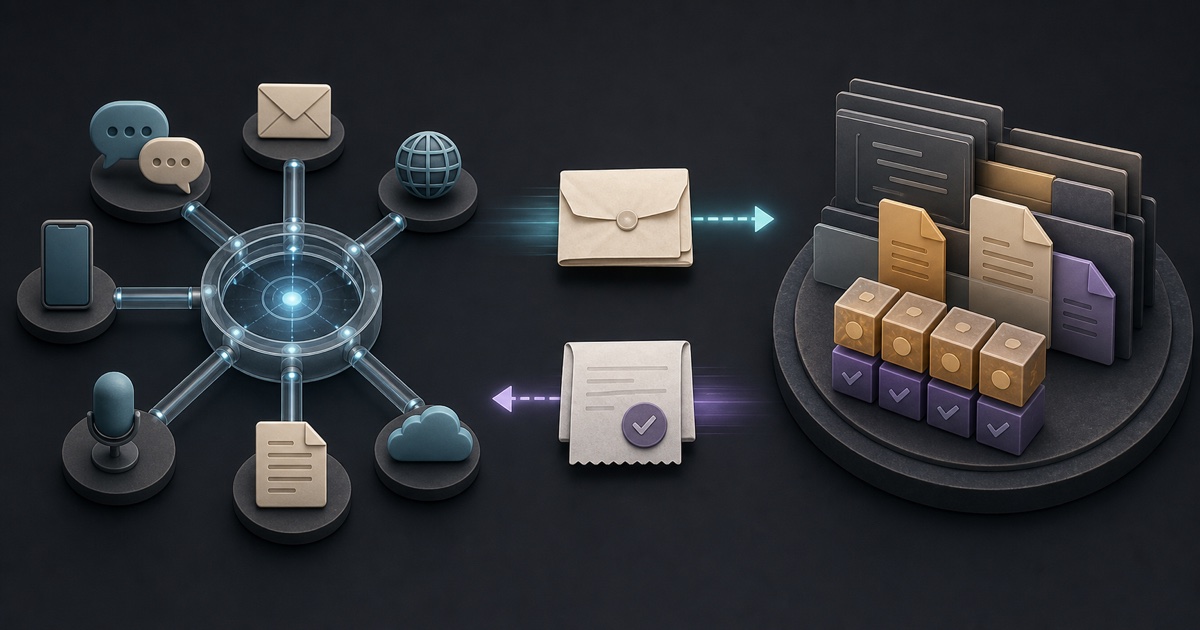 A persistent messaging gateway beside a repository-centered coding workspace, connected by an explicit task and result handoff.