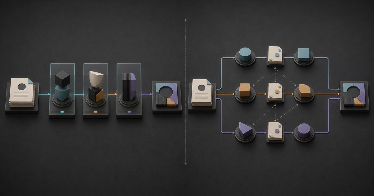 One staged AI agent path beside three specialist agent paths exchanging explicit handoff packets.