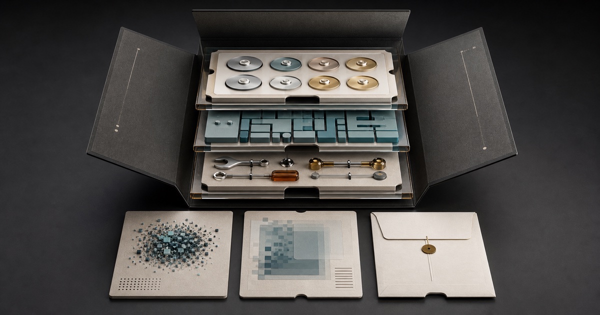 An opened modular AI package revealing separate weights, inference code, training code, data information, and license layers.