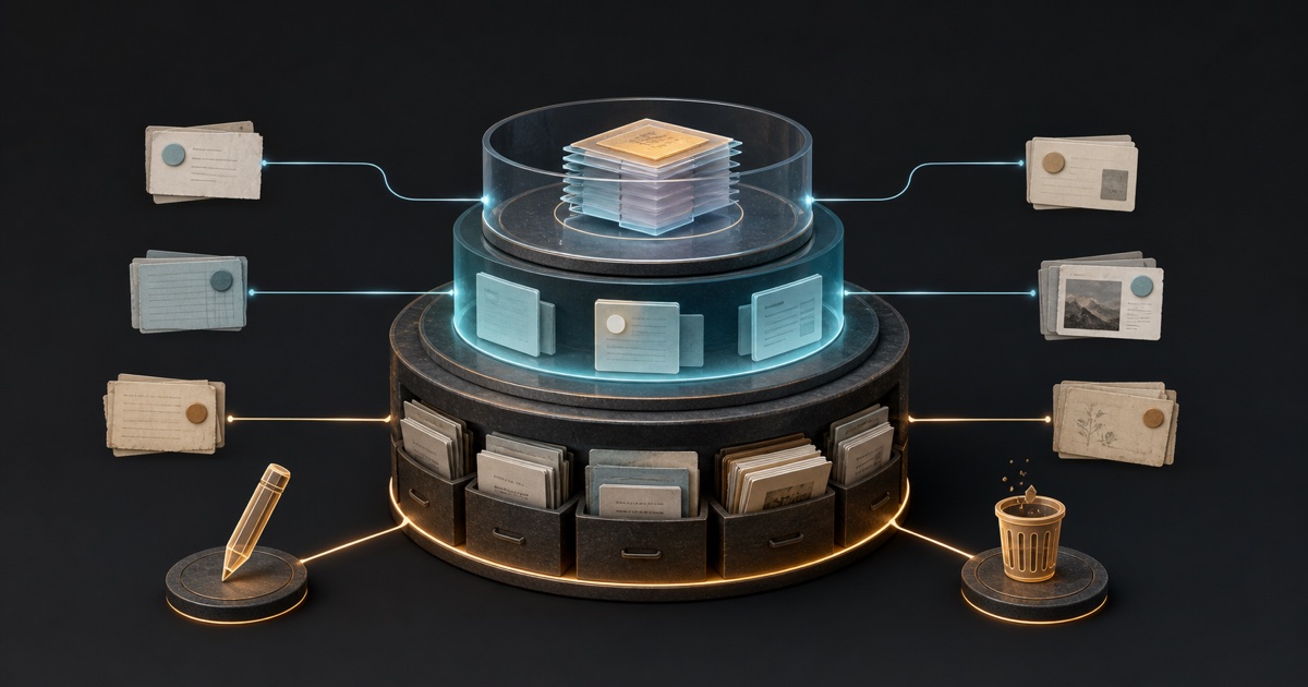 Layered working, session, and durable AI agent memory connected to source records and correction controls.