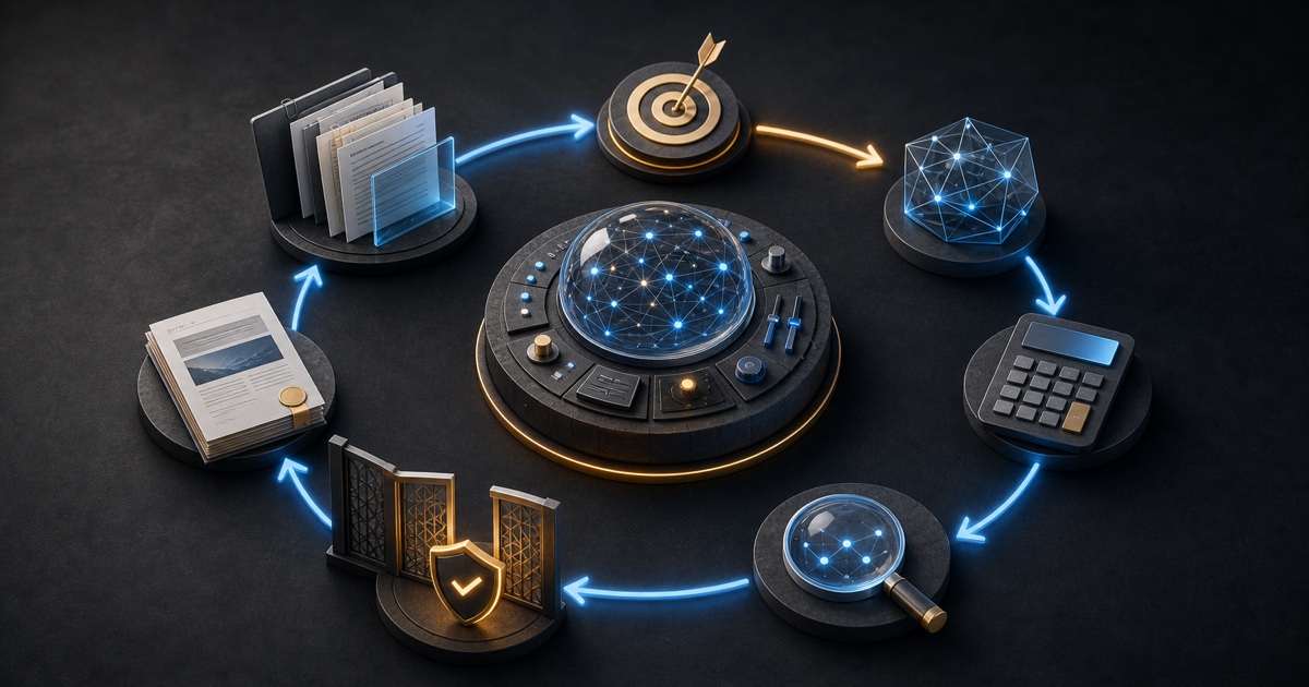 An AI agent loop connecting a goal, model, context, tools, observations, permissions, and a finished artifact.